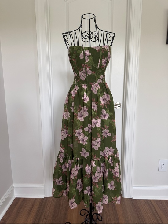 Azazie Dresses & Skirts - Azazie Olive Green Strapless Maxi Dress with Pink Floral Print